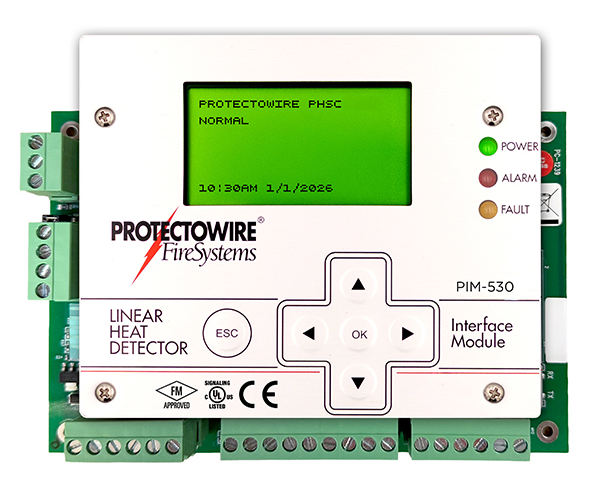 Protectowire PIM-530 Auswerteeinheit für lineare Wärmemelder mit LCD-Display, Navigationstasten und Power/Alarm/Fault-LEDs