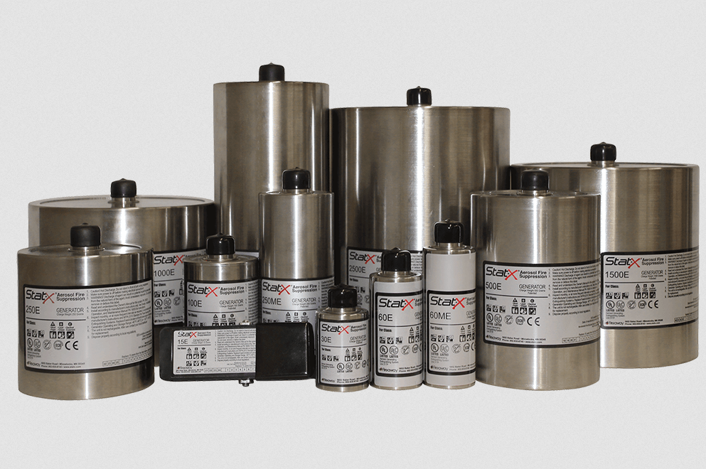 Stat-X Aerosol-Löschgeneratoren Produktfamilie – Edelstahlgehäuse in Größen von 15E bis 2500E für verschiedene Schutzvolumen