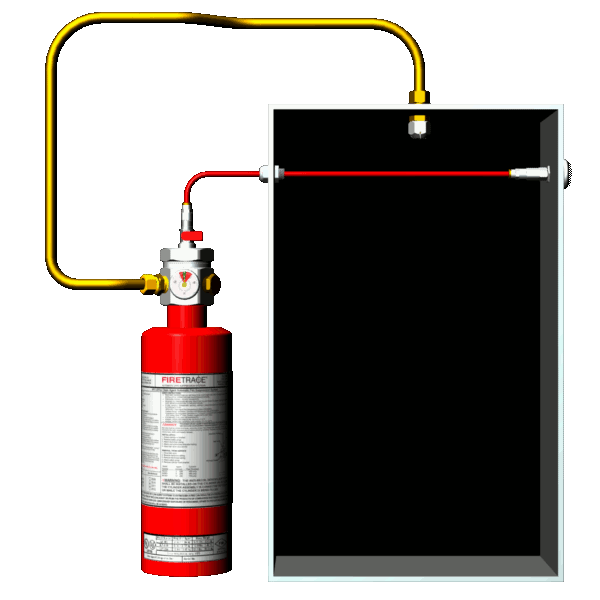 Firetrace Indirect System: Löschmittelbehälter mit Zuleitung zu separater Löschdüse im geschlossenen Schaltschrank